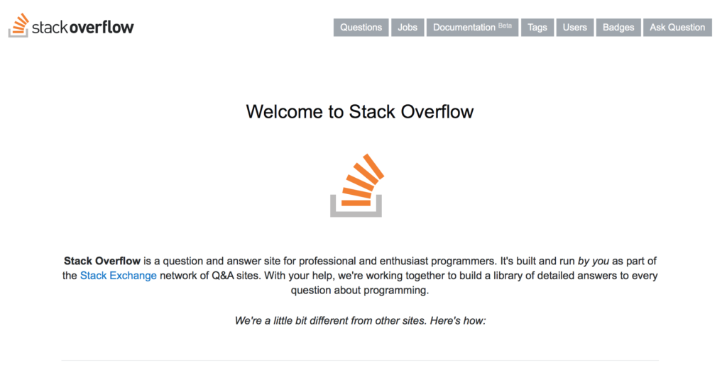 Homepage of StackOverFlow website