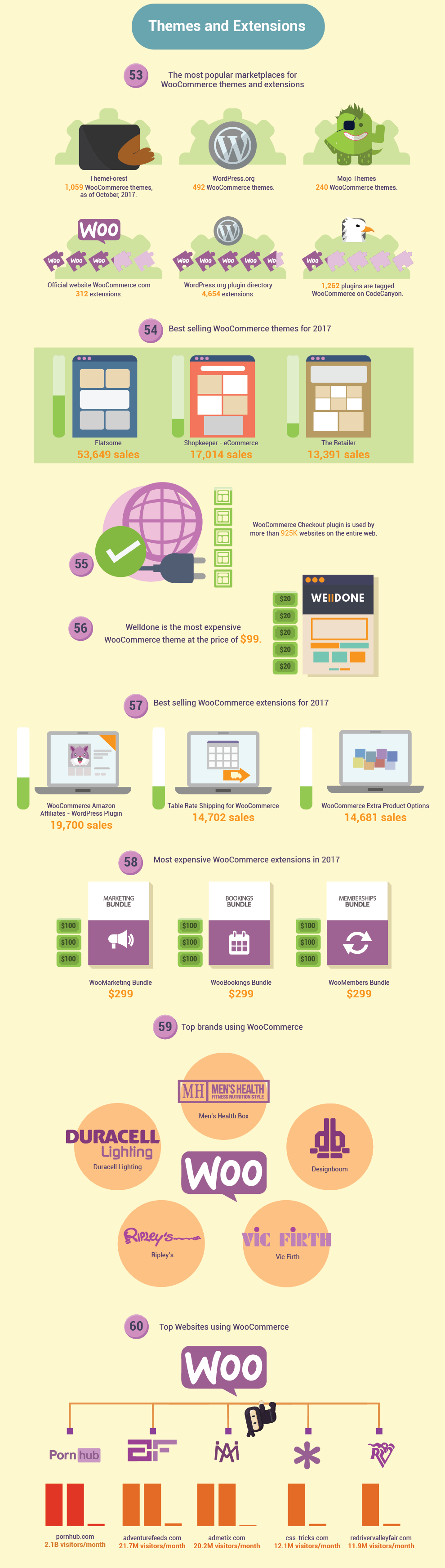 Infographics of WooCommerce that shows their Themes and Extensions statistics in the year 2017