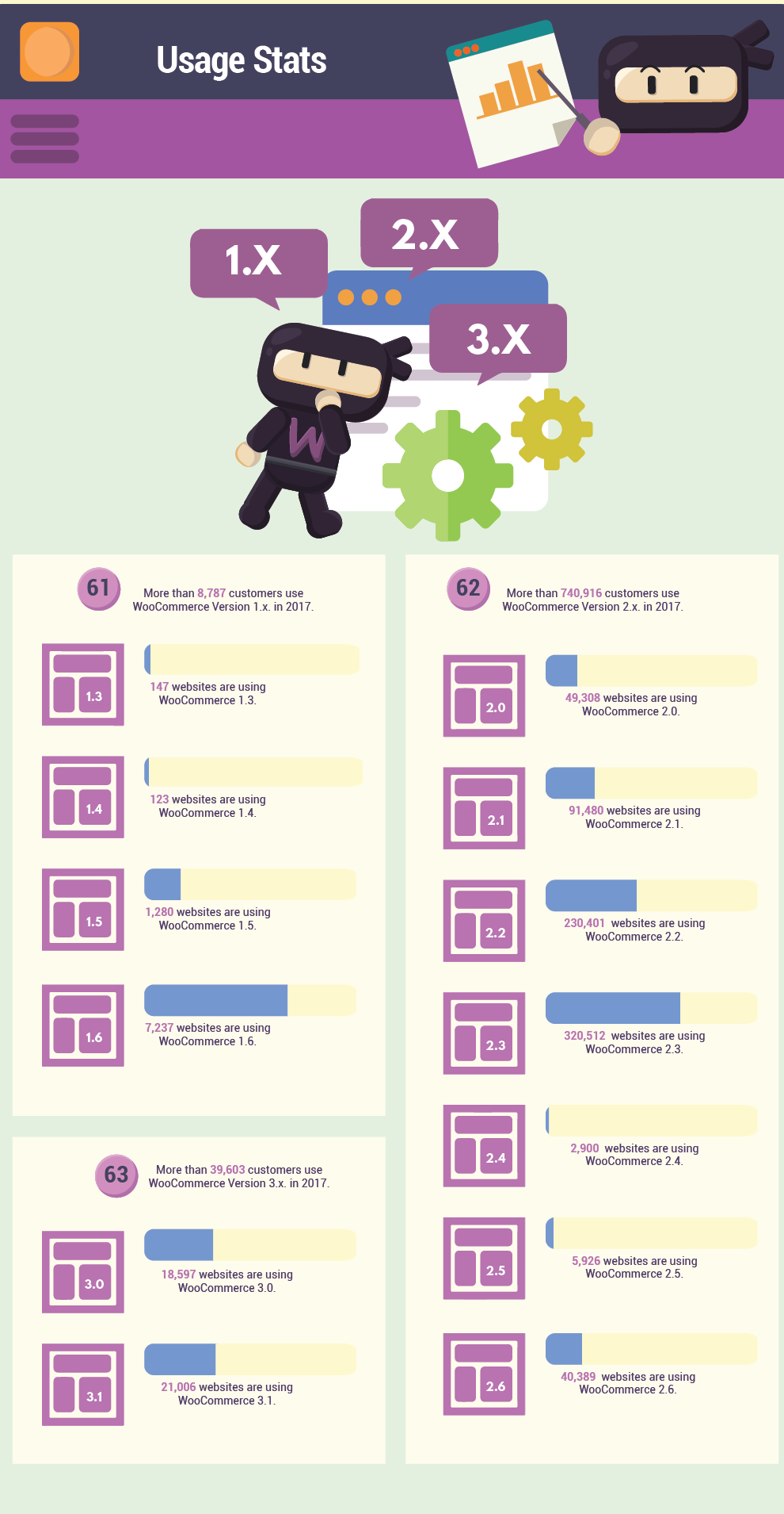 Inforgraphics that shows WooCommerce Usage Stats in the year 2017