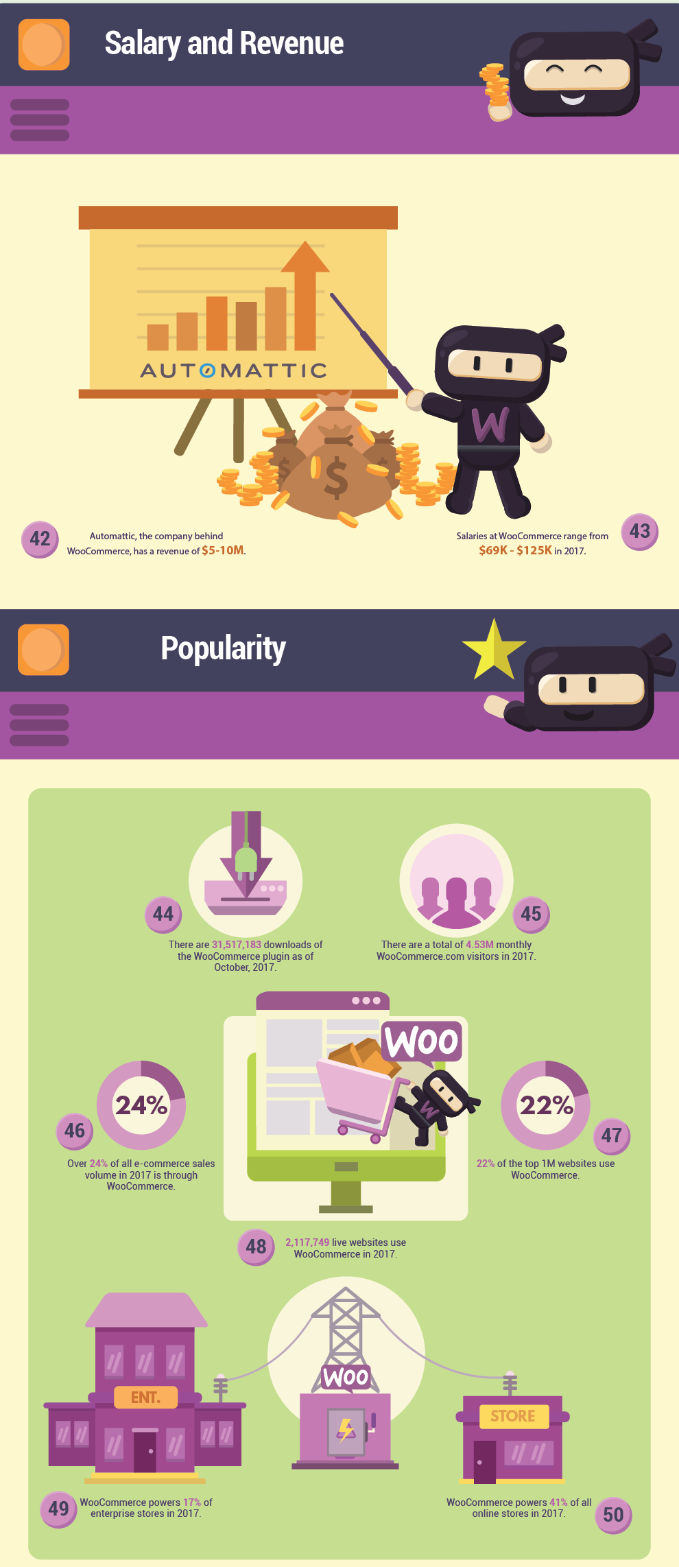 Infographics that shows WooCommerece Salary, Revenue, and Popularity in the year 2017