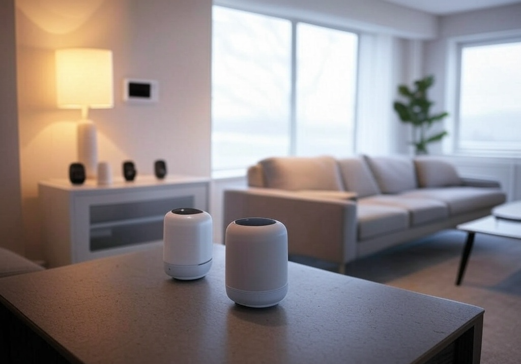 modern living with sofa and speakers, smart home installation