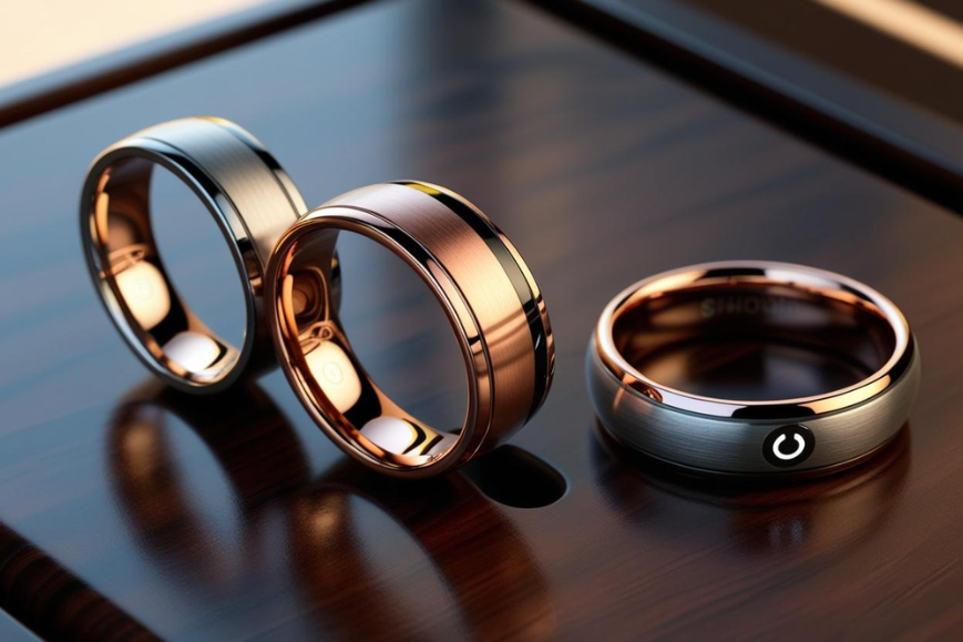 Various smart rings on a wooden table