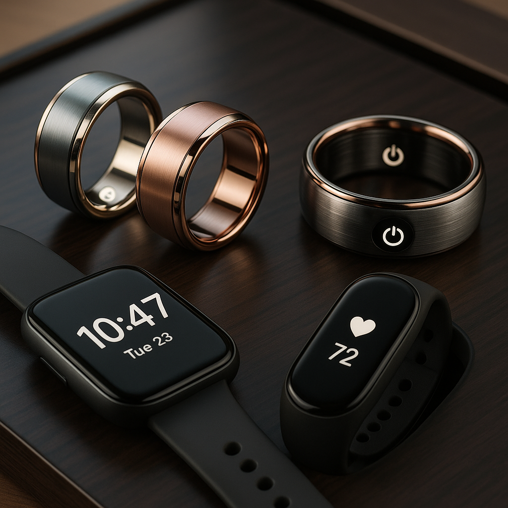Smart rings and smart watch in wooden table