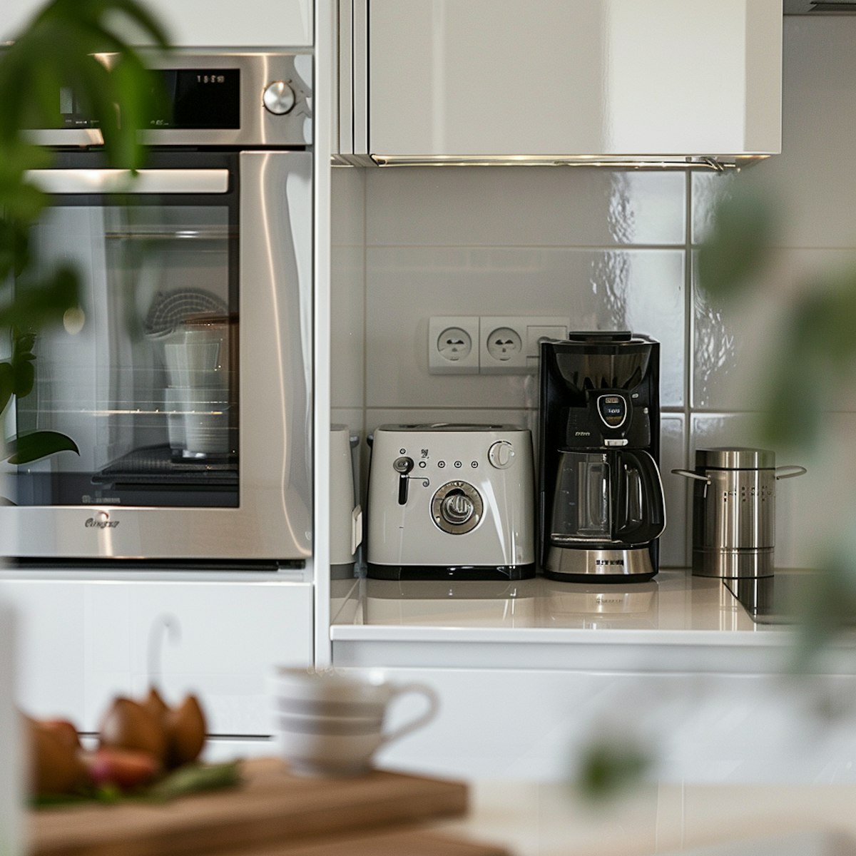 Image of a smart appliances such as coffee maker, oven, and sandwich maker