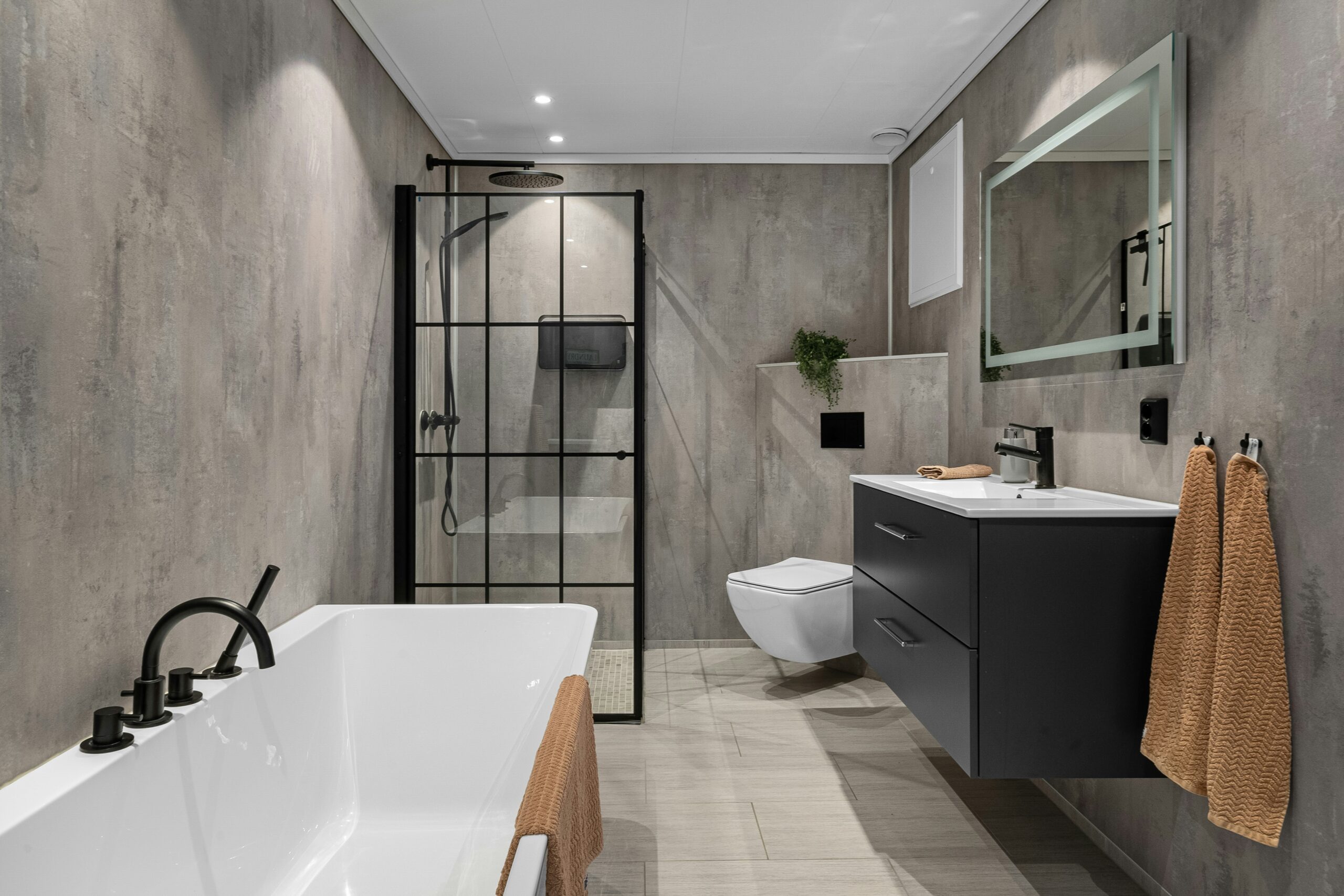 Modern bathroom designed with home ergonomic concept in mind, showing an adjustable height shower wand, anti-slip tiles and a sink at an accessible height.