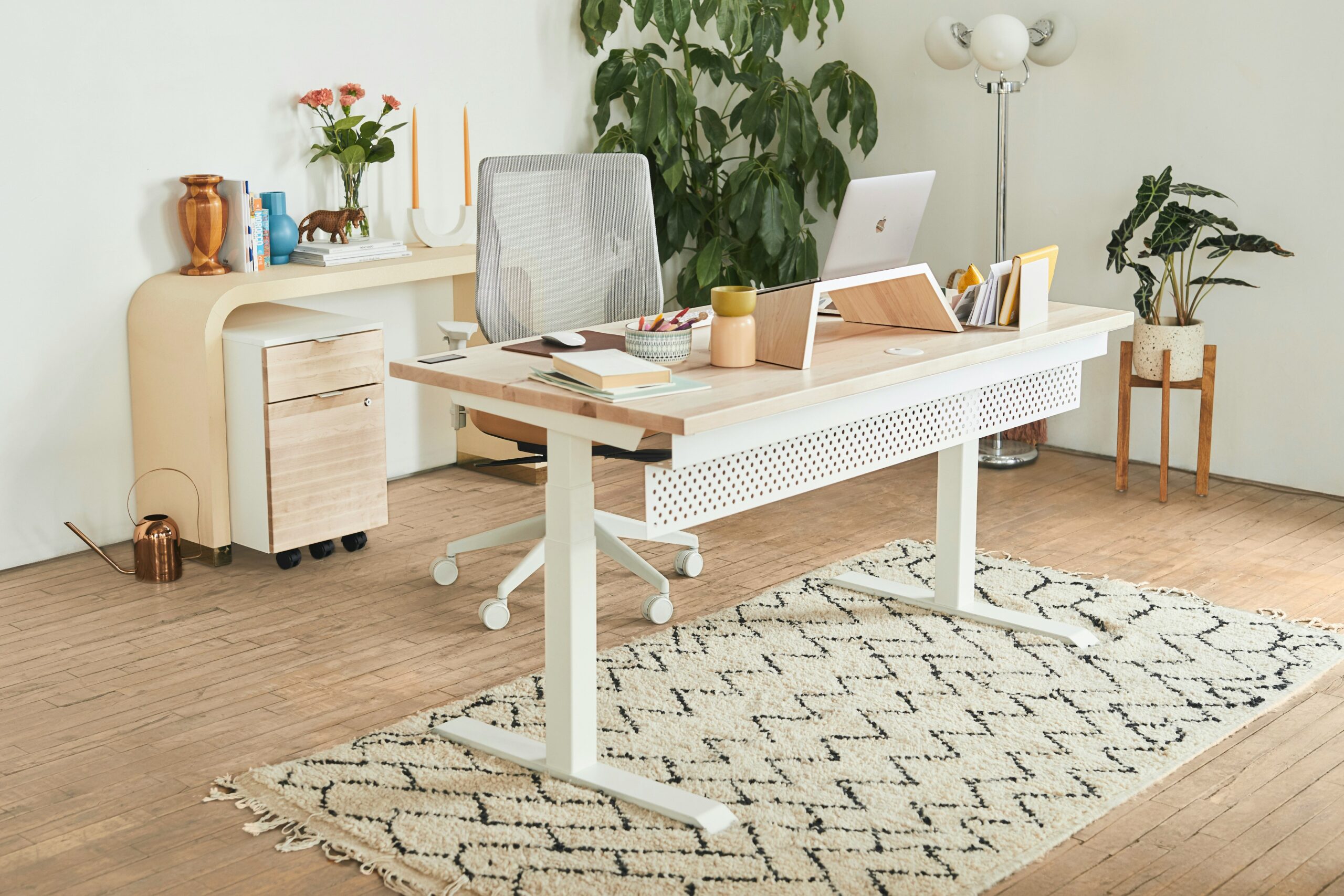 Stylish workspace with ergonomics featured tools like adjustable table, ergomically design chair and so on