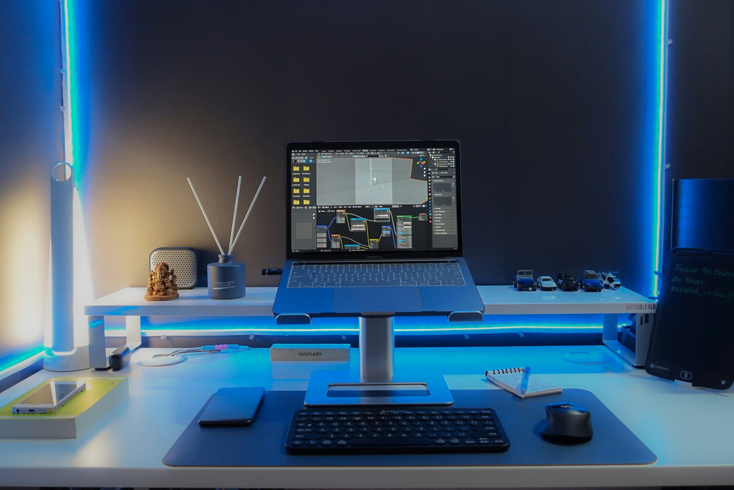 Healthy laptop workstation featuring raised screen and separate keyboard