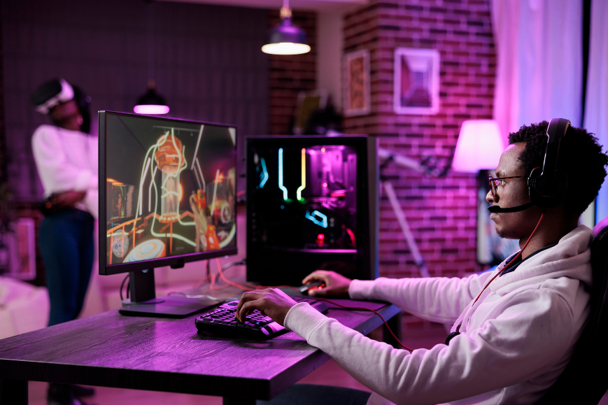 Man playing online games with hyper realistic media graphics
