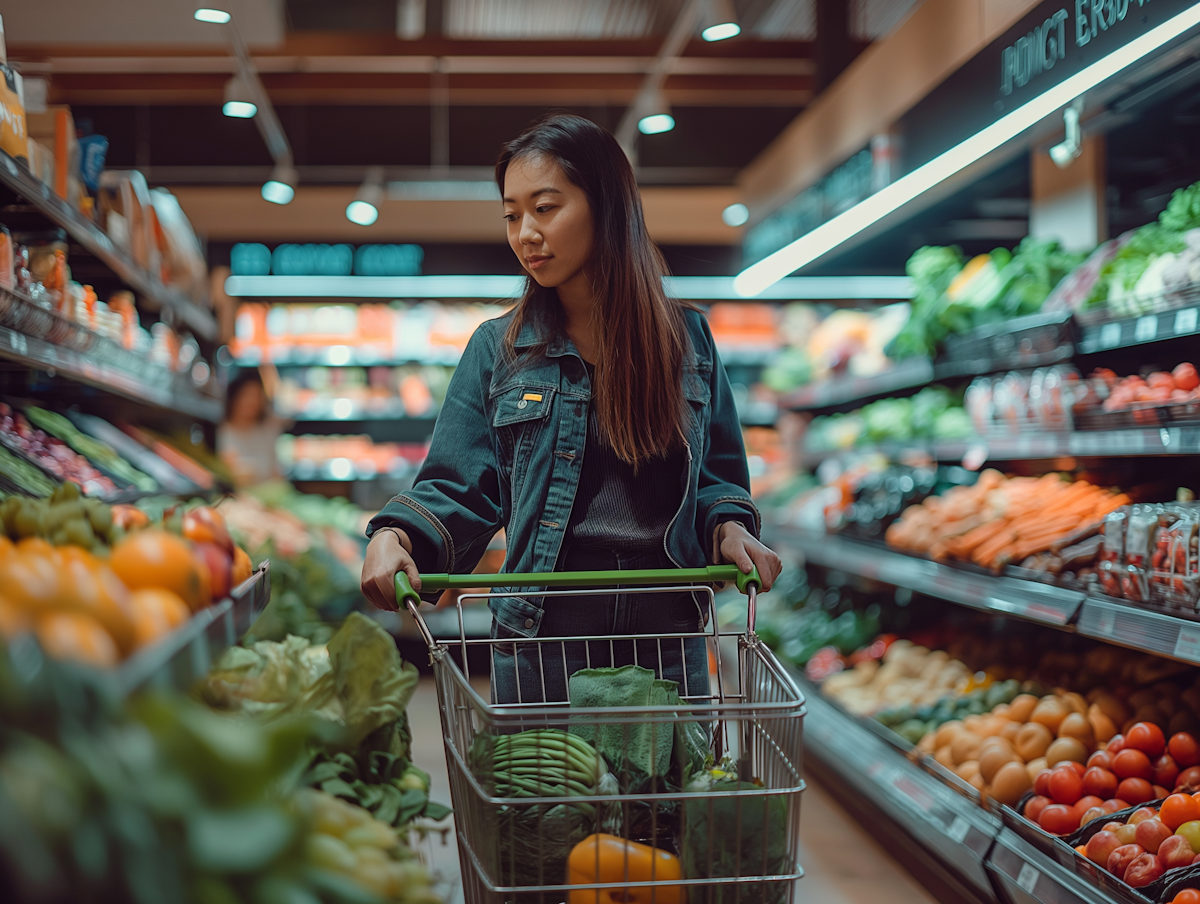 Woman shopping essentials in supermarket